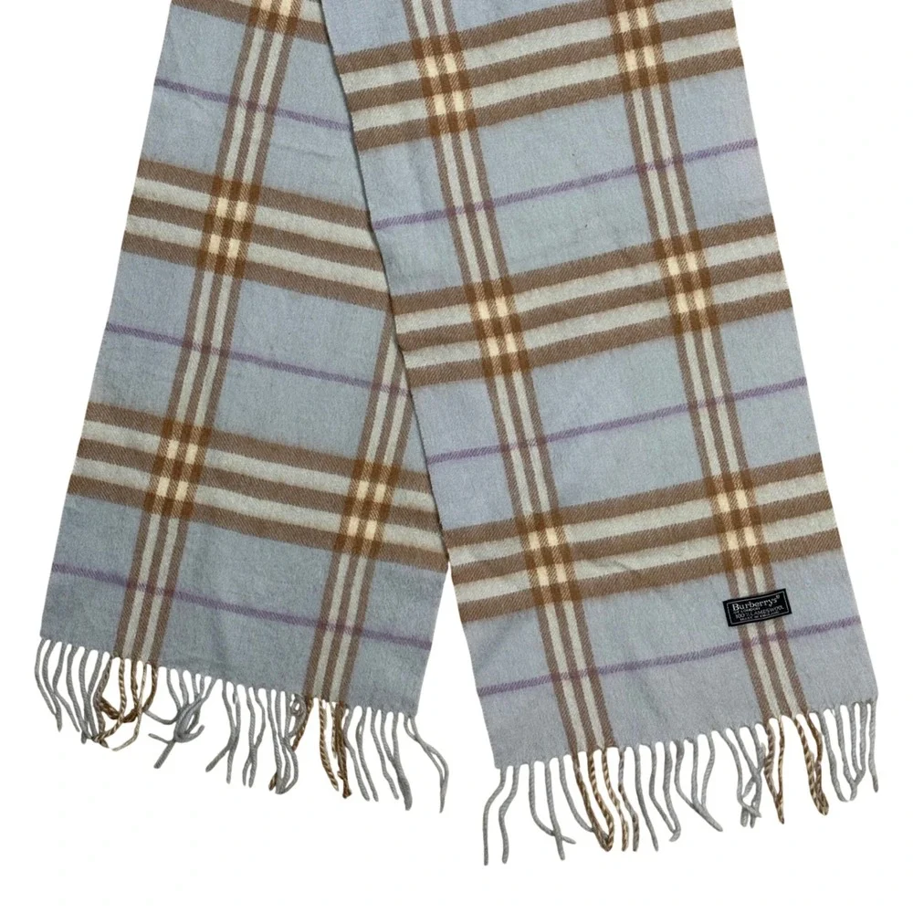 Burberrys of London Lambswool Scarf Classic Check Blue‎ Camel Purple 62 x 11.5in